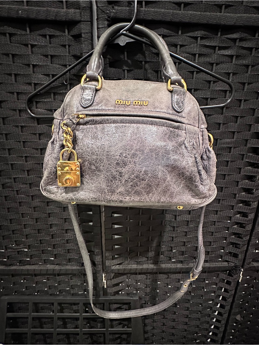 🚨LAST CHANCE 🚨VINTAGE Miu Miu Vitello Lux Satchel in gray with Gold Hardware
